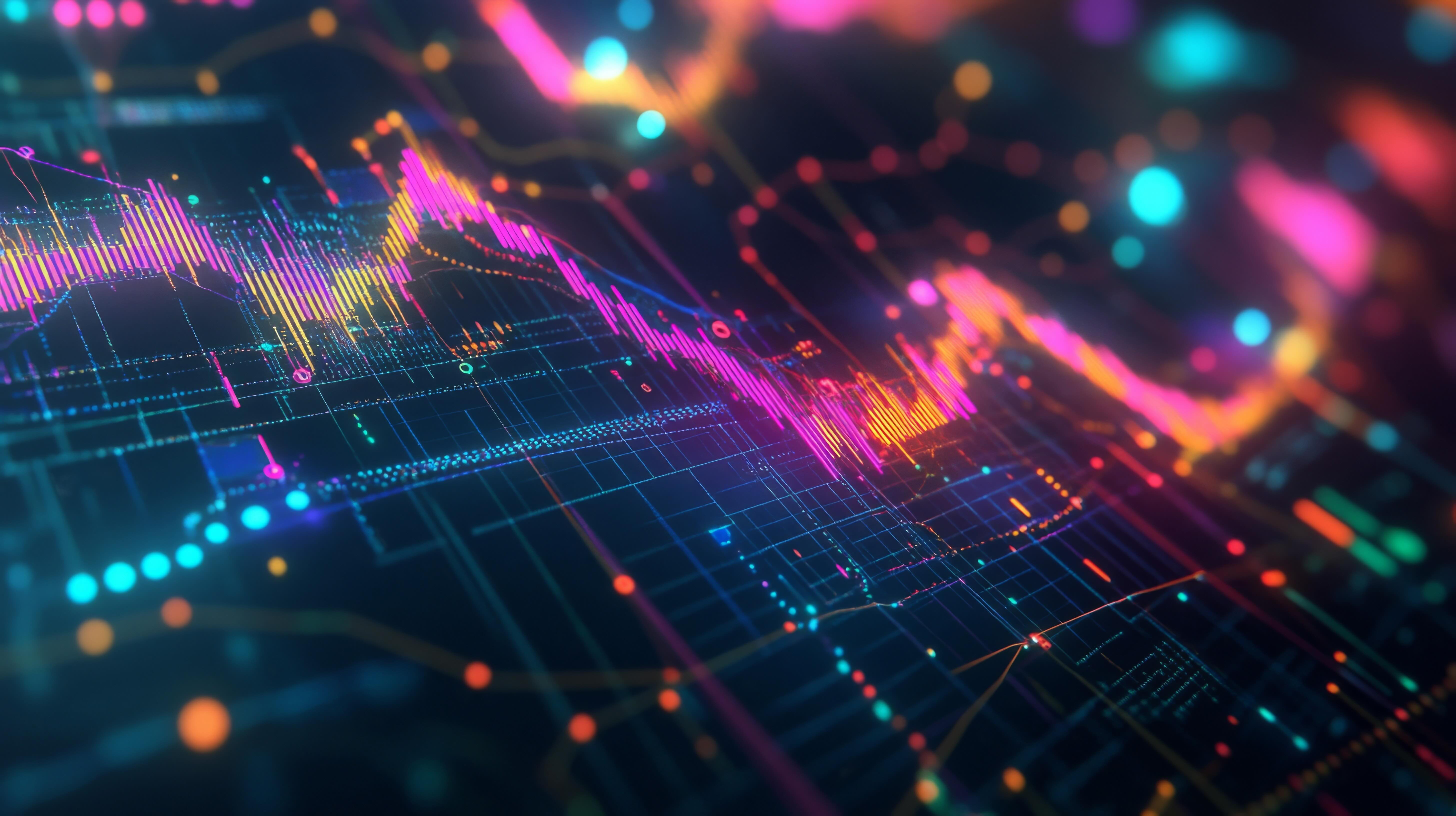Detailed view of a financial graph showing stock price trends with colorful indicators and data points