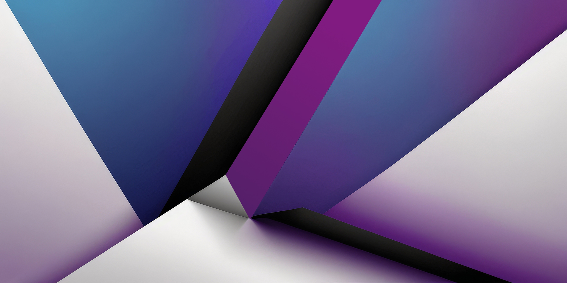 a geometric abstract composition with intersecting lines and triangles in various shades of blue, purple, and white