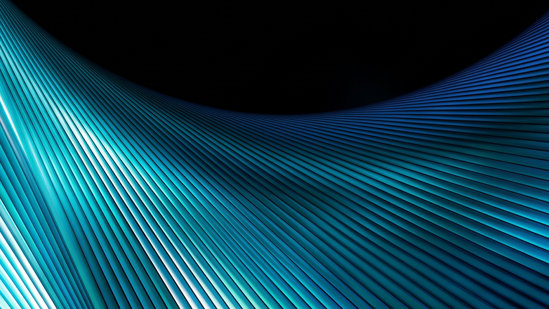 Abstract vertical blue and teal lines converge upward against a dark background.