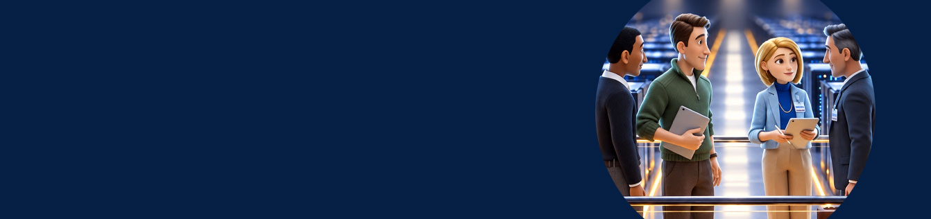 Circular image of four professionals in a data center on the right side of a dark blue banner.