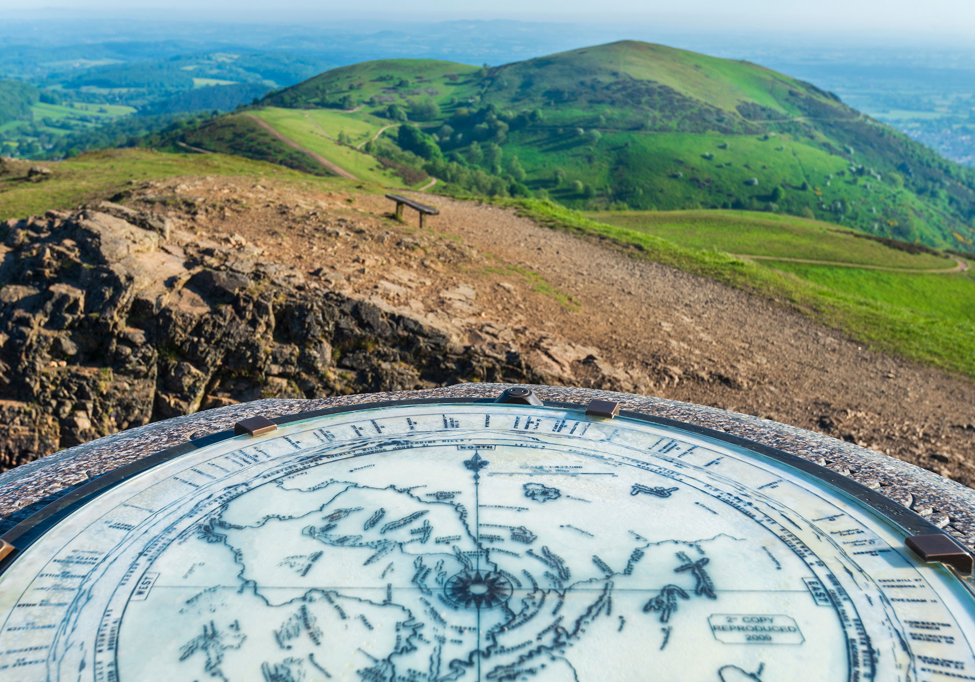 Closeup of Toposcope dial,Worcestershire Beacon,Malvern Hills,Worcestershire,England,UK.