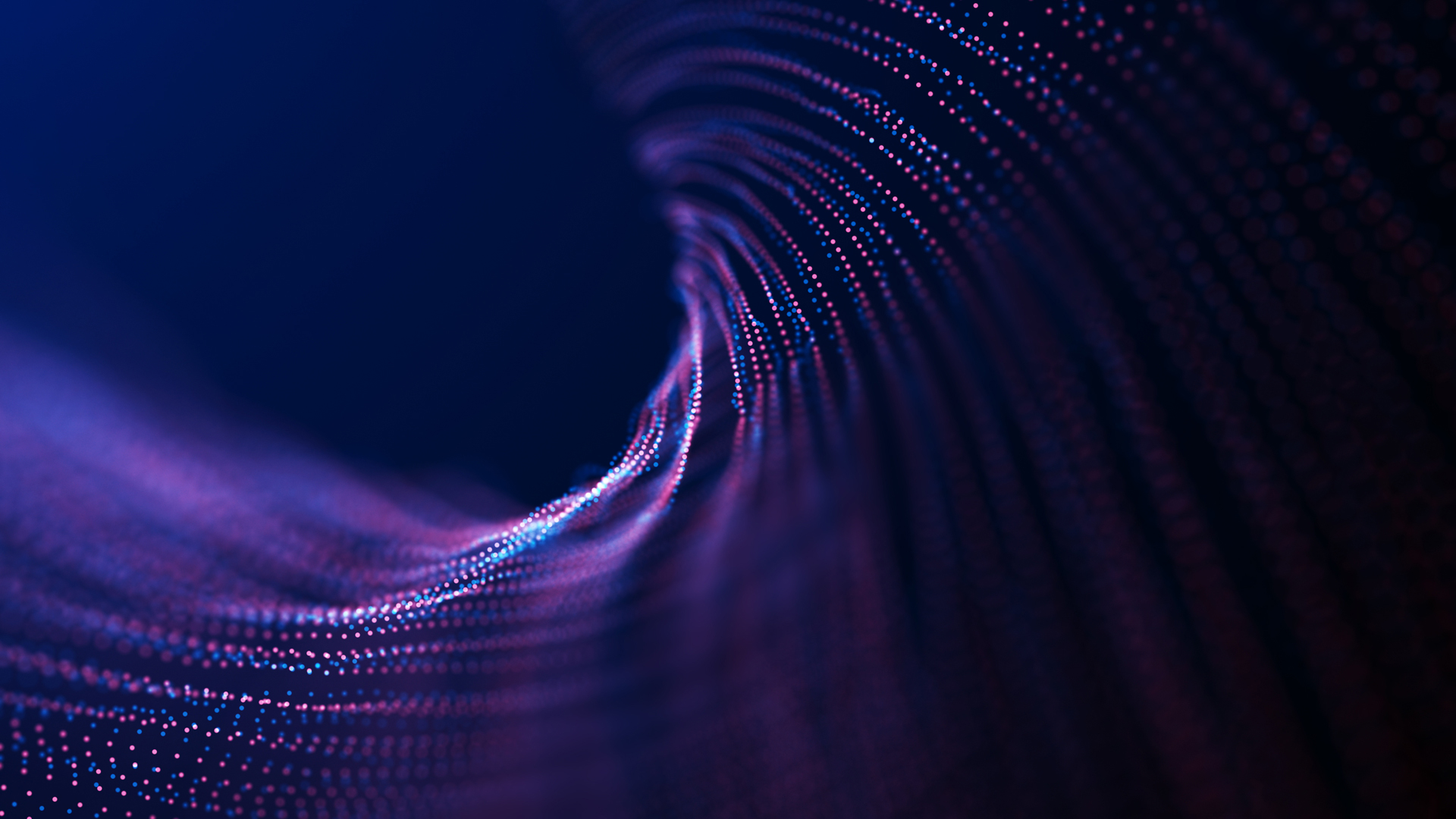 Abstract particle vortex. Futuristic dynamic wave moving in space. Illustration with explosion of data. 3d rendering.