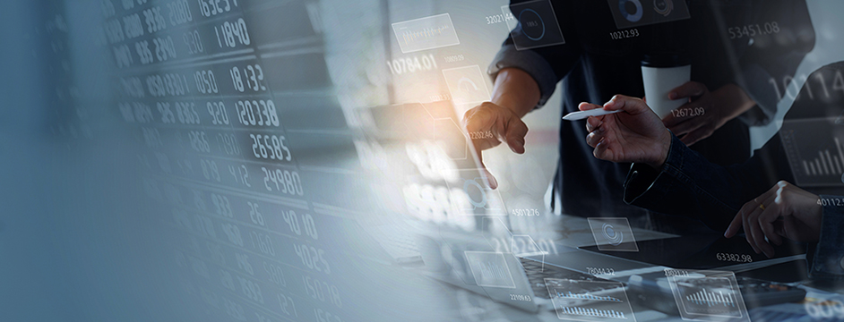 Data analysis, business finance and investment concept. Business teamwork together working on laptop computer with financial graph, stock exchange interface on virtual screen, office background