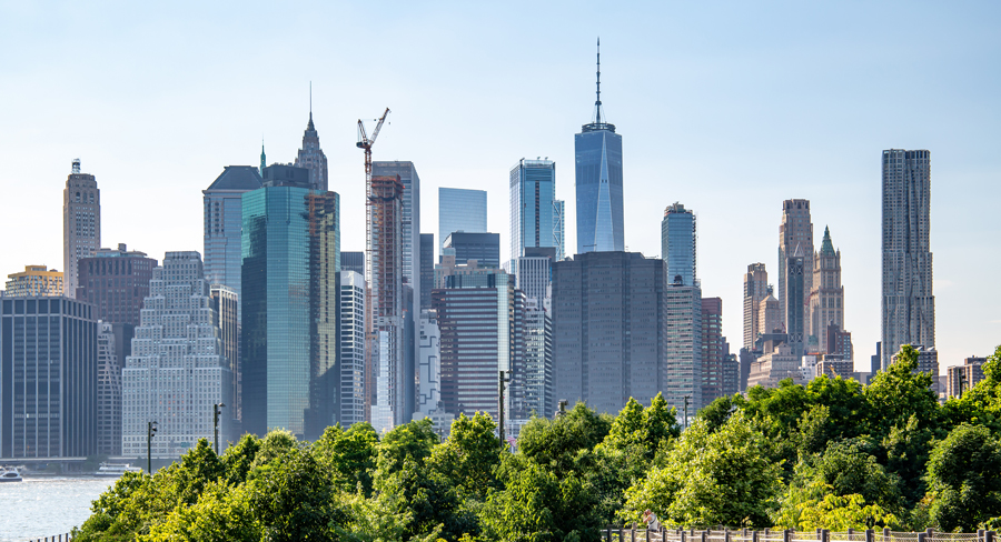 New York, City / USA - JUL 10 2018: Lower Manhattan skyline daylight view from Brooklyn Queens Expressway in Brooklyn Heights