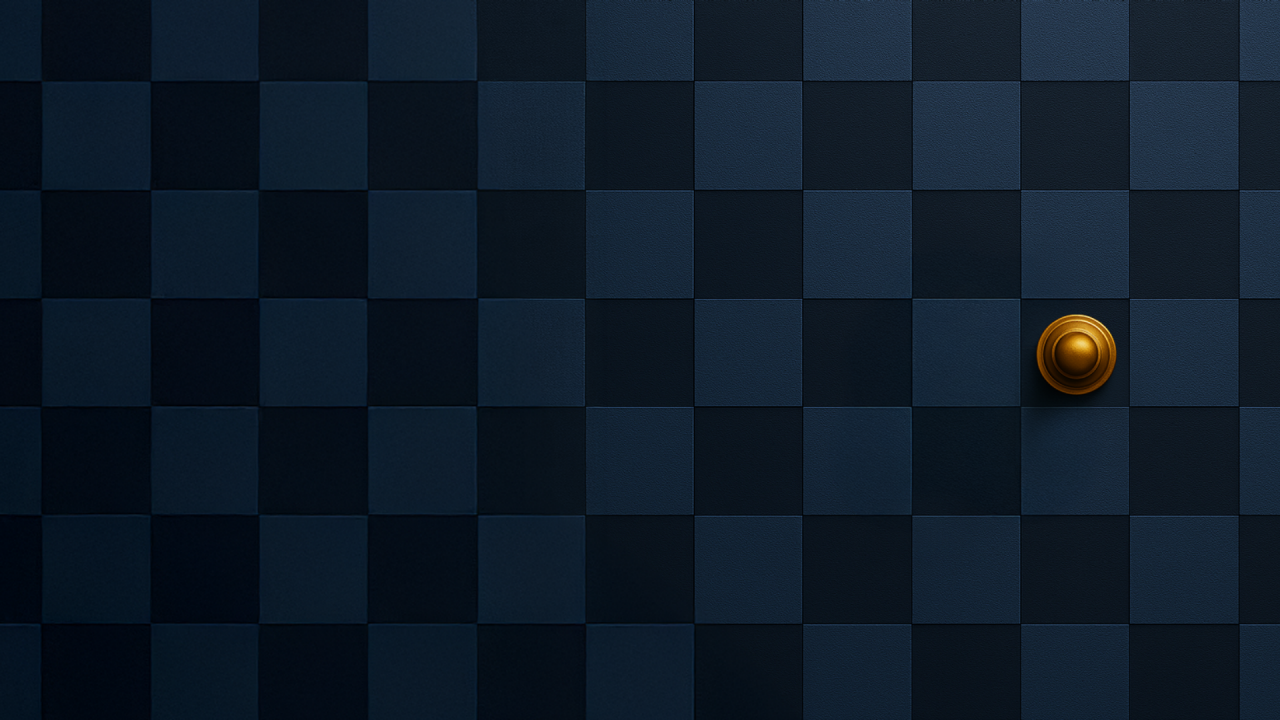 Abstract dark blue checkerboard pattern with subtle texture, featuring a single small gold circular accent on the right side.
