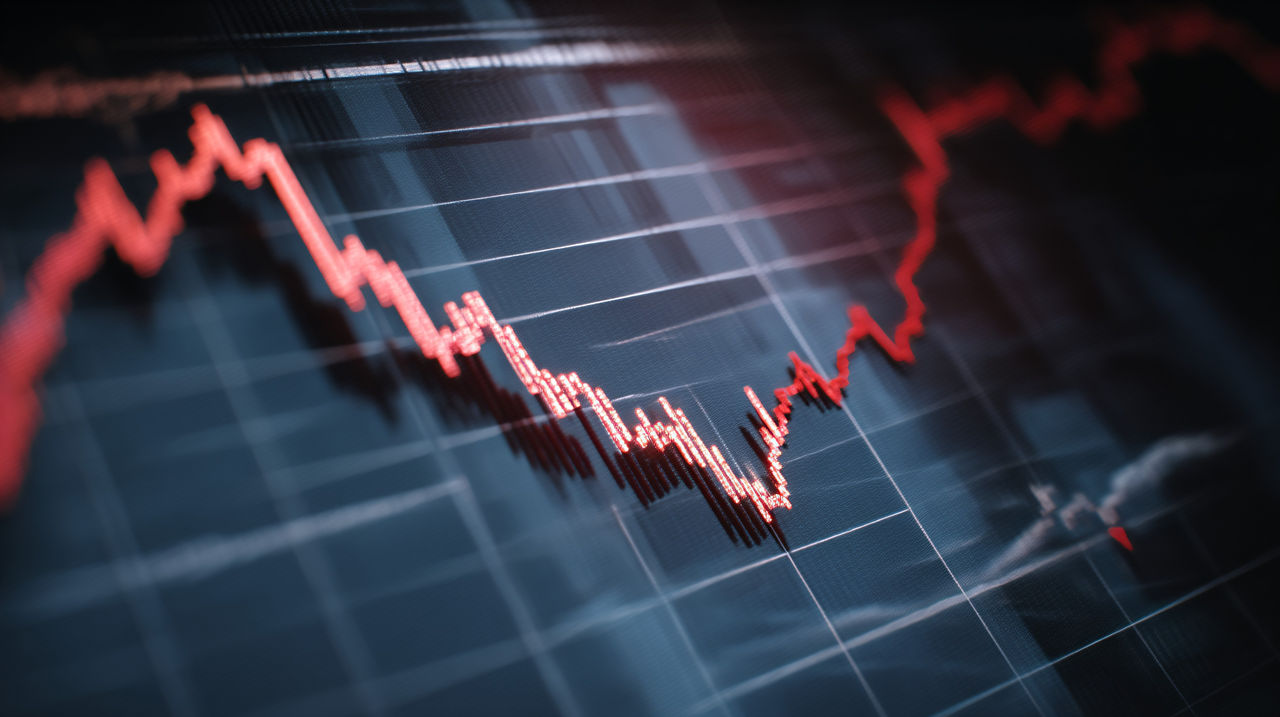 Close-up of financial chart with downward trending line symbolizing Federal Reserve rate cuts, economic recession concept, stock market volatility and investment risk analysis.