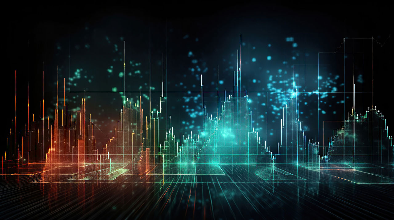 Bar graphs, Diagrams, financial figures. Abstract glowing forex chart interface wallpaper. Investment, trade, stock, generative ai