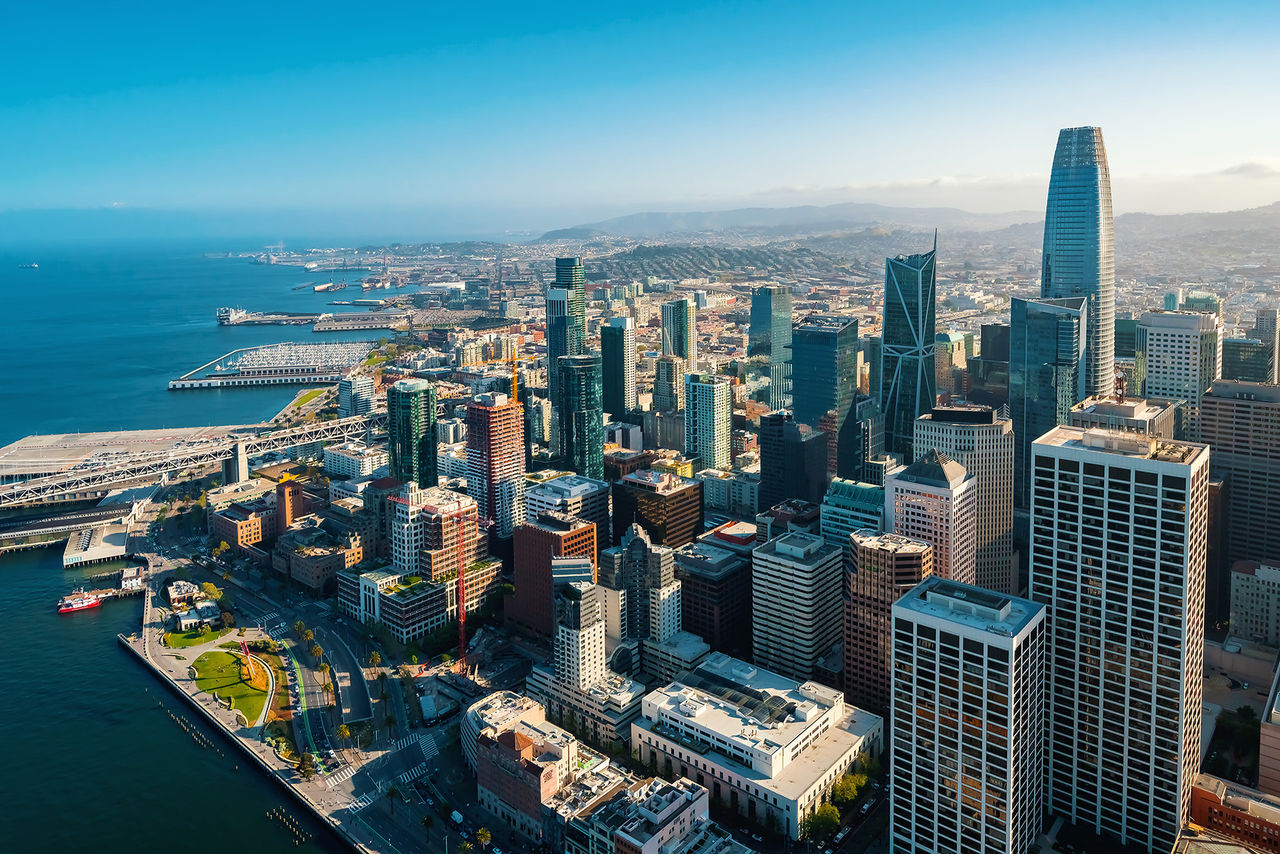 Downtown San Francisco aerial view of skyscrapers