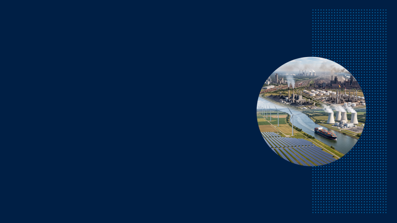 Circular image showing industrial facilities, a waterway, wind turbines, and solar panels on a dark blue background.
