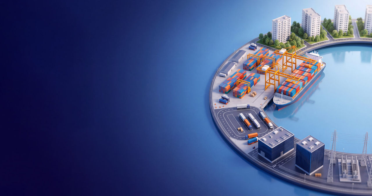 Illustration of a modern logistics and transportation hub featuring a cargo ship docked at a container port with cranes, stacked shipping containers, trucks, warehouses, roads, and nearby residential buildings along a waterfront. The scene is rendered in a stylized 3D design on a blue gradient background with ample space for text on the left.